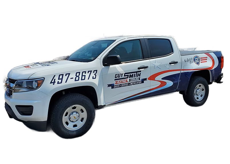 White service truck with logo and phone number, parked outdoors.