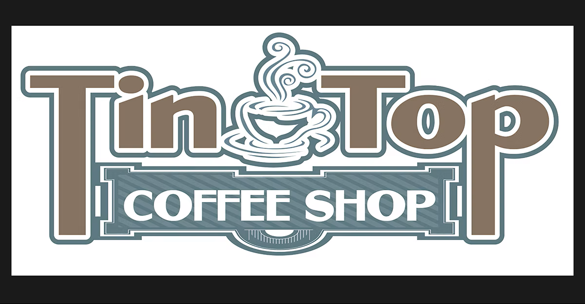 Tin Top Coffee Shop logo, brown and blue, with coffee cup and steam.