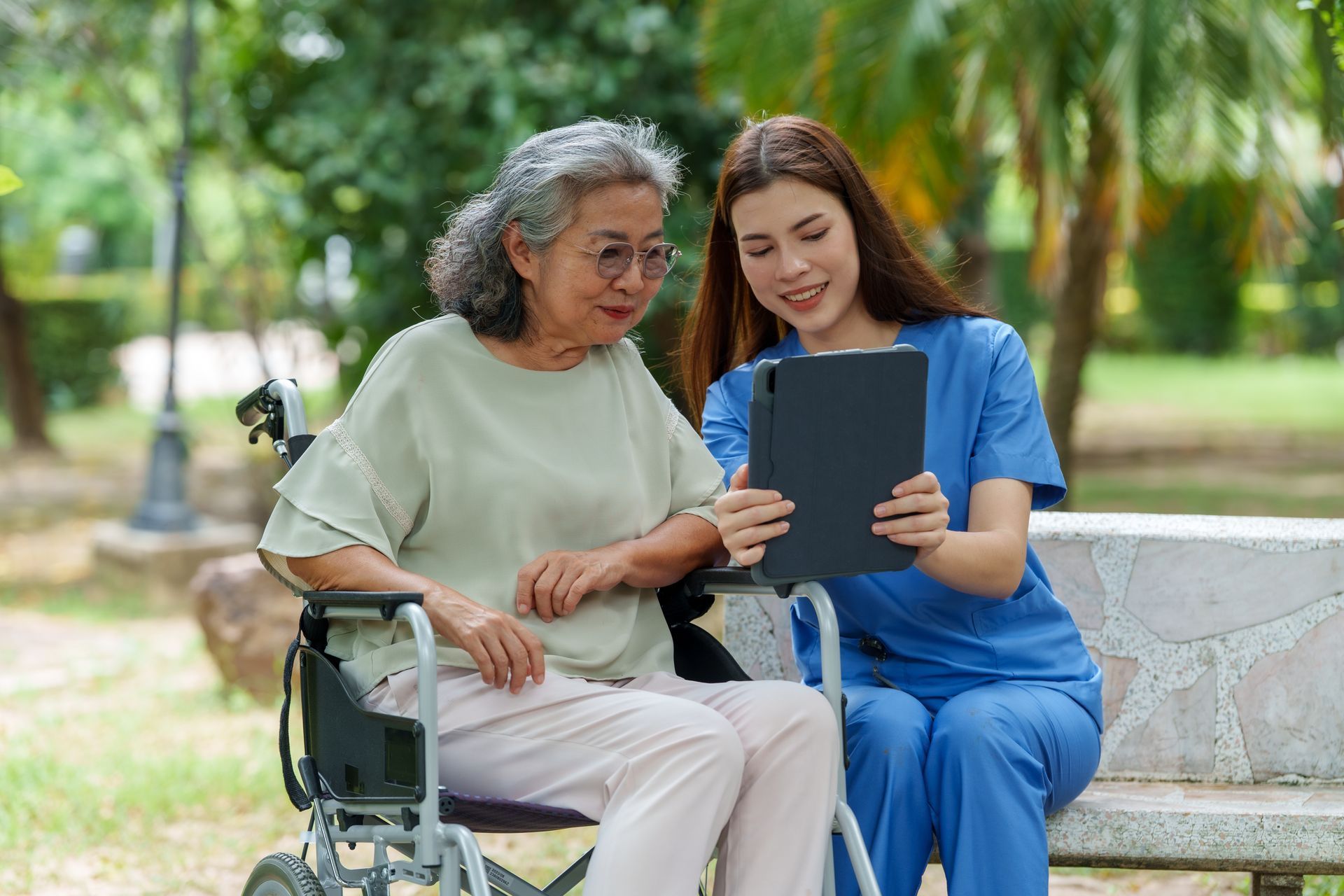 Caring caregiver provides assistance and support to senior.