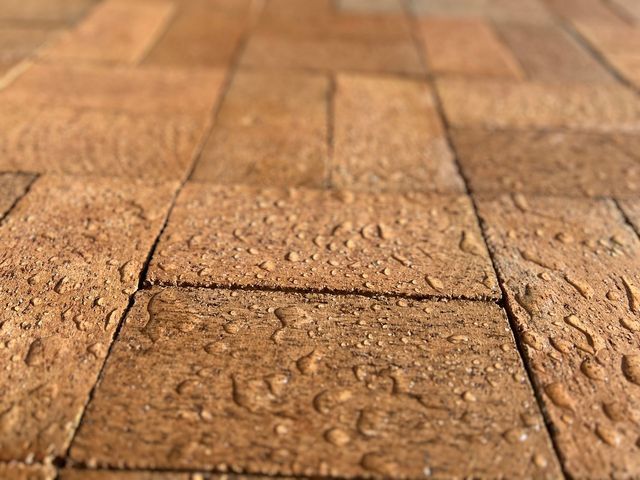 A close up of a red brick patio with water drops on it.