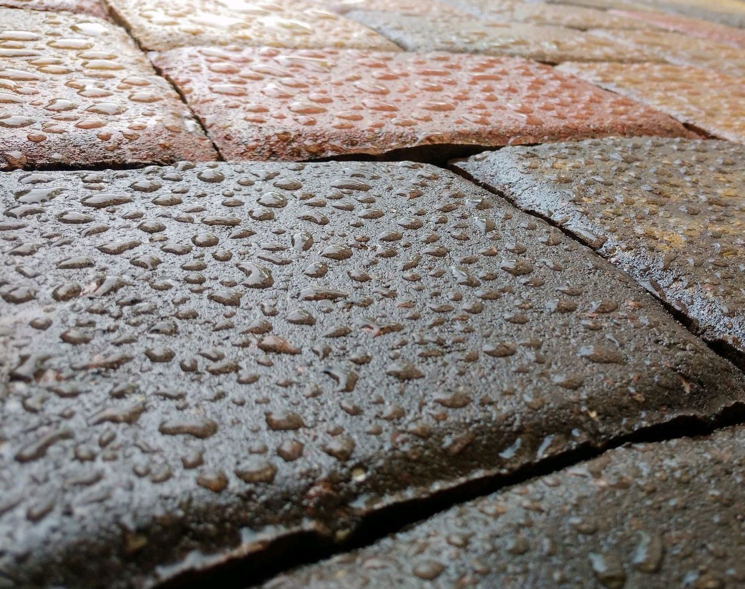 A close up of a brick Paver Driveway with water drops on it.