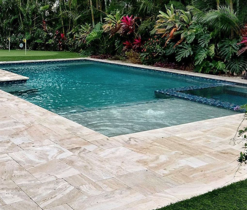 A large swimming pool is surrounded by lush greenery in a backyard.