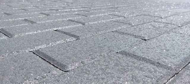 A close up of a brick paver driveway with water on it.