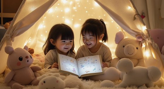 two young girls reading in a canopy
