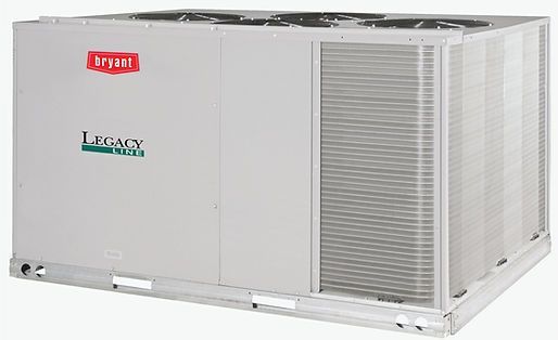 Bryant Legacy rooftop HVAC unit, gray and white with red logo and green text, outdoors. Bryant Legacy rooftop HVAC unit, gray and white with red logo and green text, outdoors.