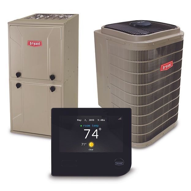 Tan Bryant furnace, air conditioner, and black thermostat displaying 74 degrees.