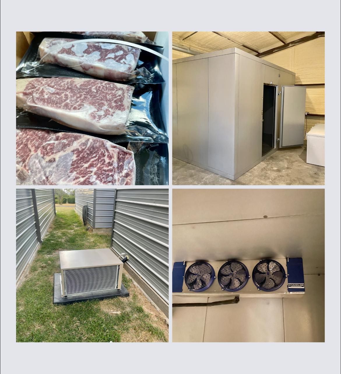A collage showing vacuum-sealed steaks, a walk-in freezer unit, an outdoor compressor, and ceiling-mounted cooling fans.