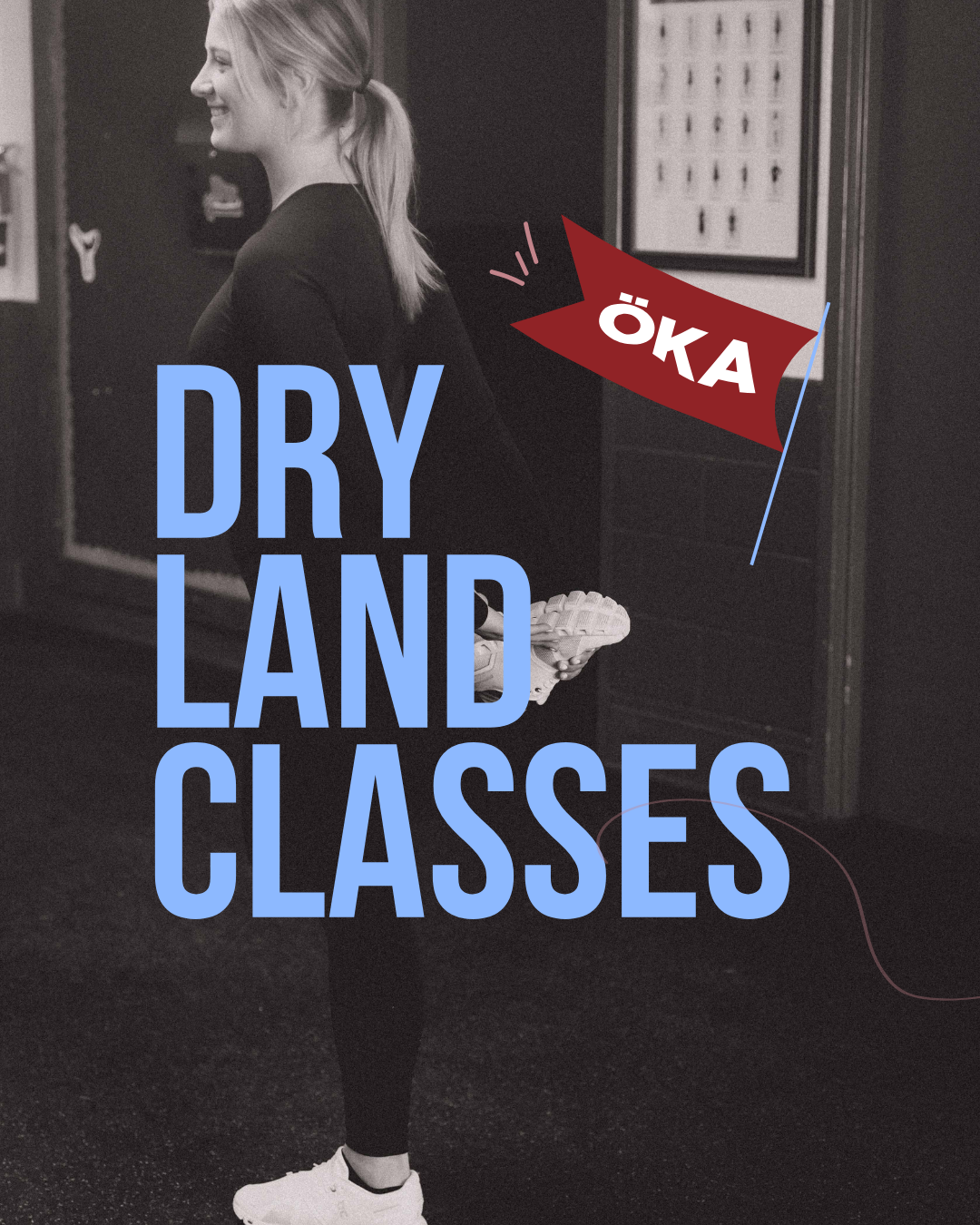 Woman stretching in a gym with text 