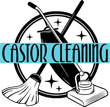 A black and white logo for "Castor Cleaning" featuring a mop, vacuum, and floor scrubber inside a circle with star icons.