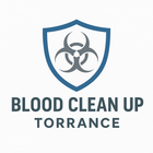Logo for Blood Clean Up Torrance, featuring a blue shield with a biohazard symbol inside.