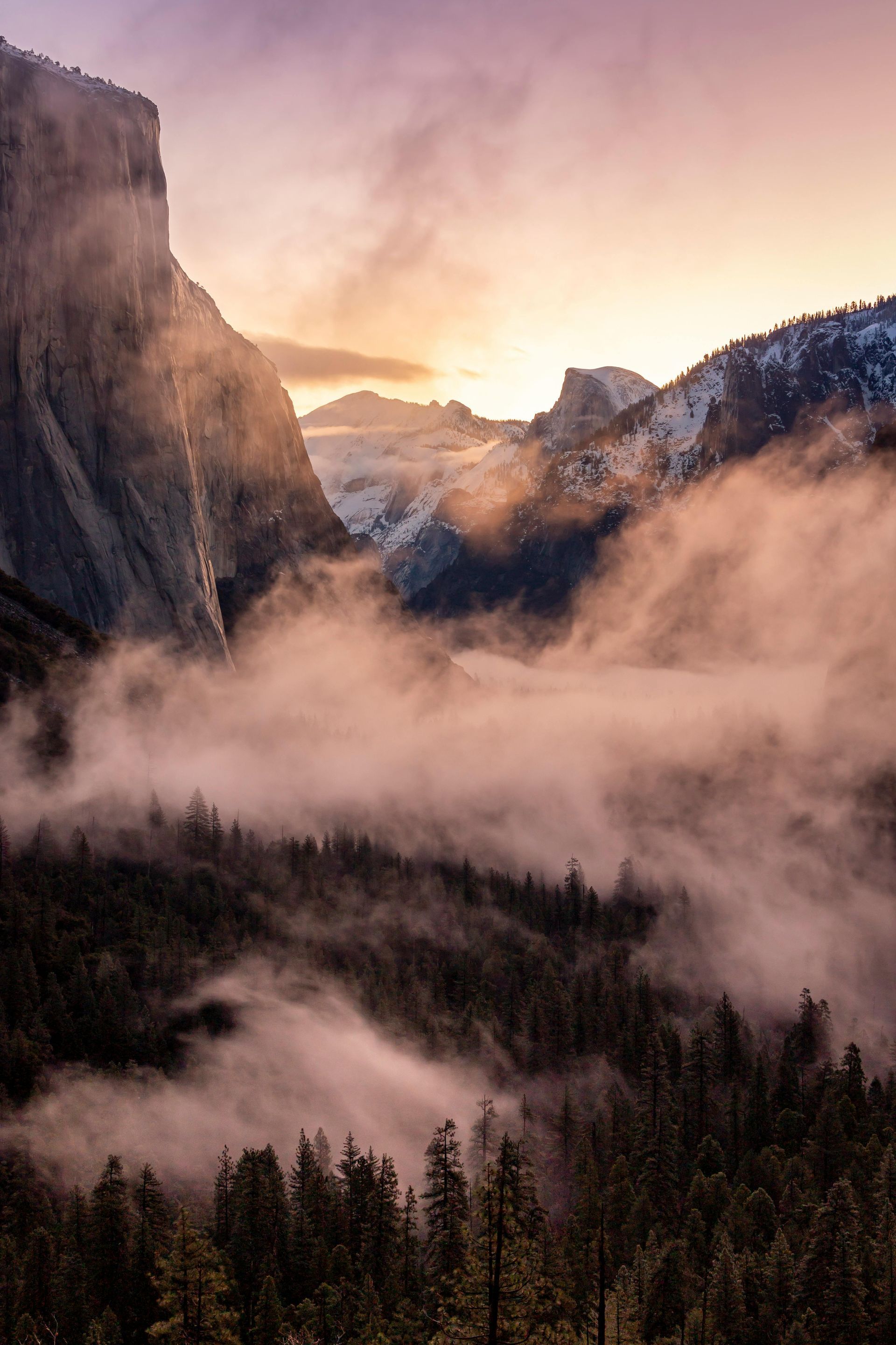 Mist rolling through Yosemite Valley at sunrise, trees in foreground, cliffs on left and snow-capped peaks in the distance.
