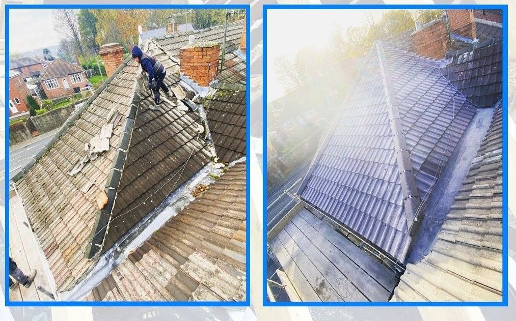 A picture of of before and after photos on a pitch roof replacement by Hightop Roofers Leeds