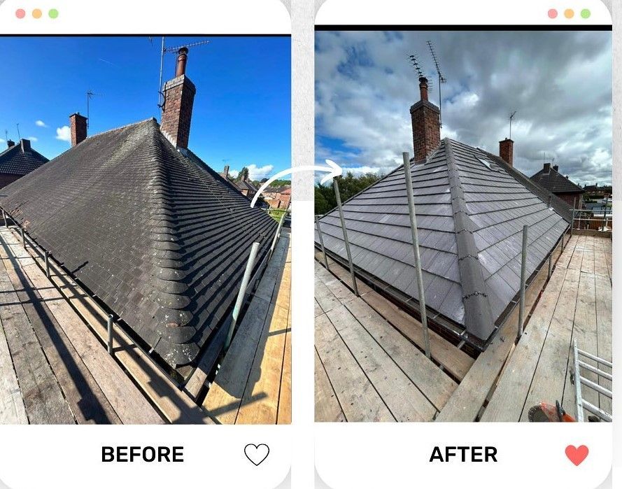 A picture of a before and after on a roof replacement carried out by Hightop Roofers Leeds