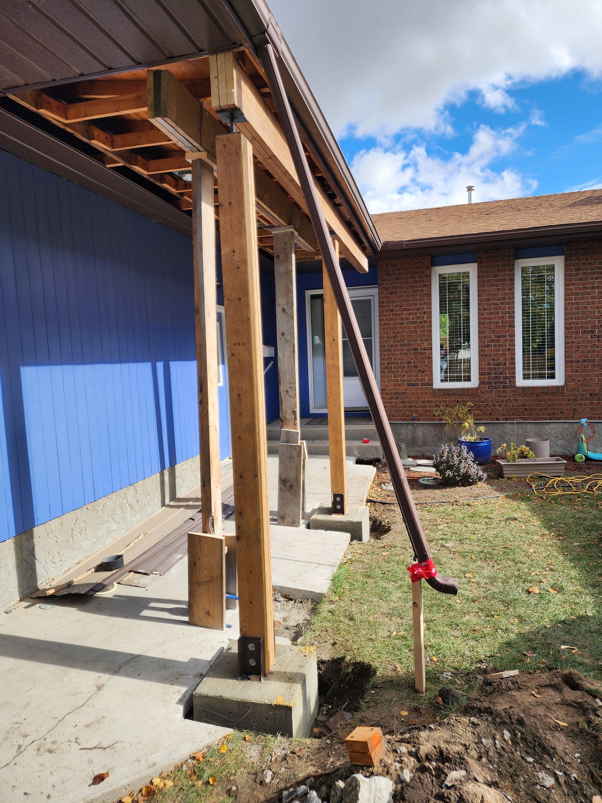 Wooden porch posts under construction