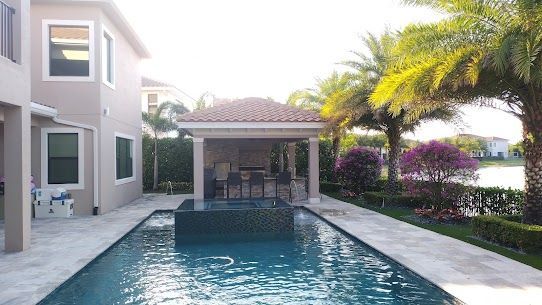 A large swimming pool in the backyard of a house