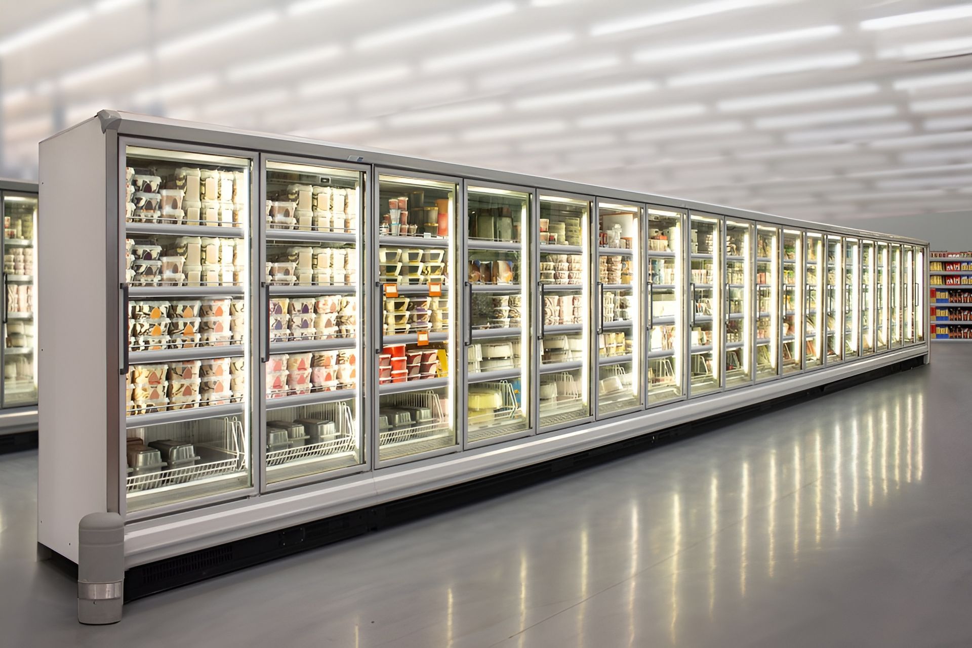 A long row of glass-doored freezers in a brightly lit grocery store aisle, filled with various packaged foods.