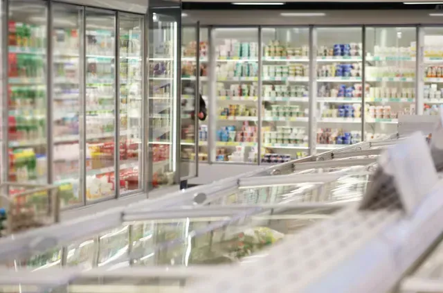 Grocery store refrigerated display cases filled with food.
