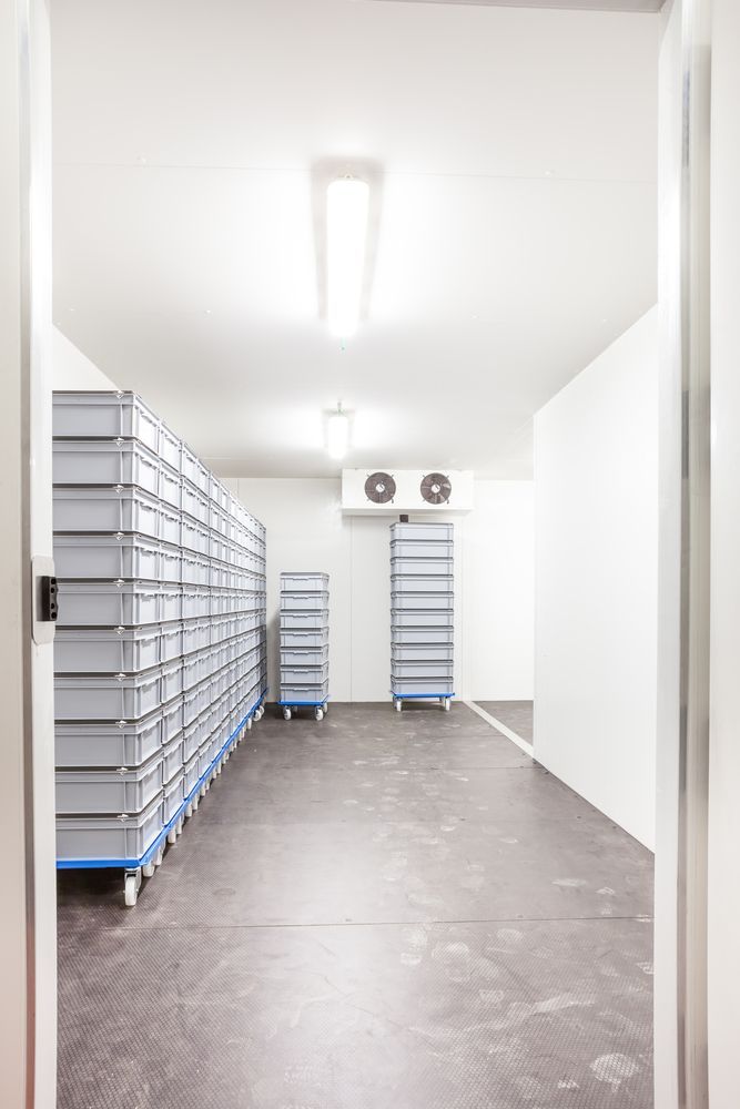 A Cold Storage Room with Stacked Gray Bins on Shelves — Gilmour Air & Electrical in Wellington, NSW
