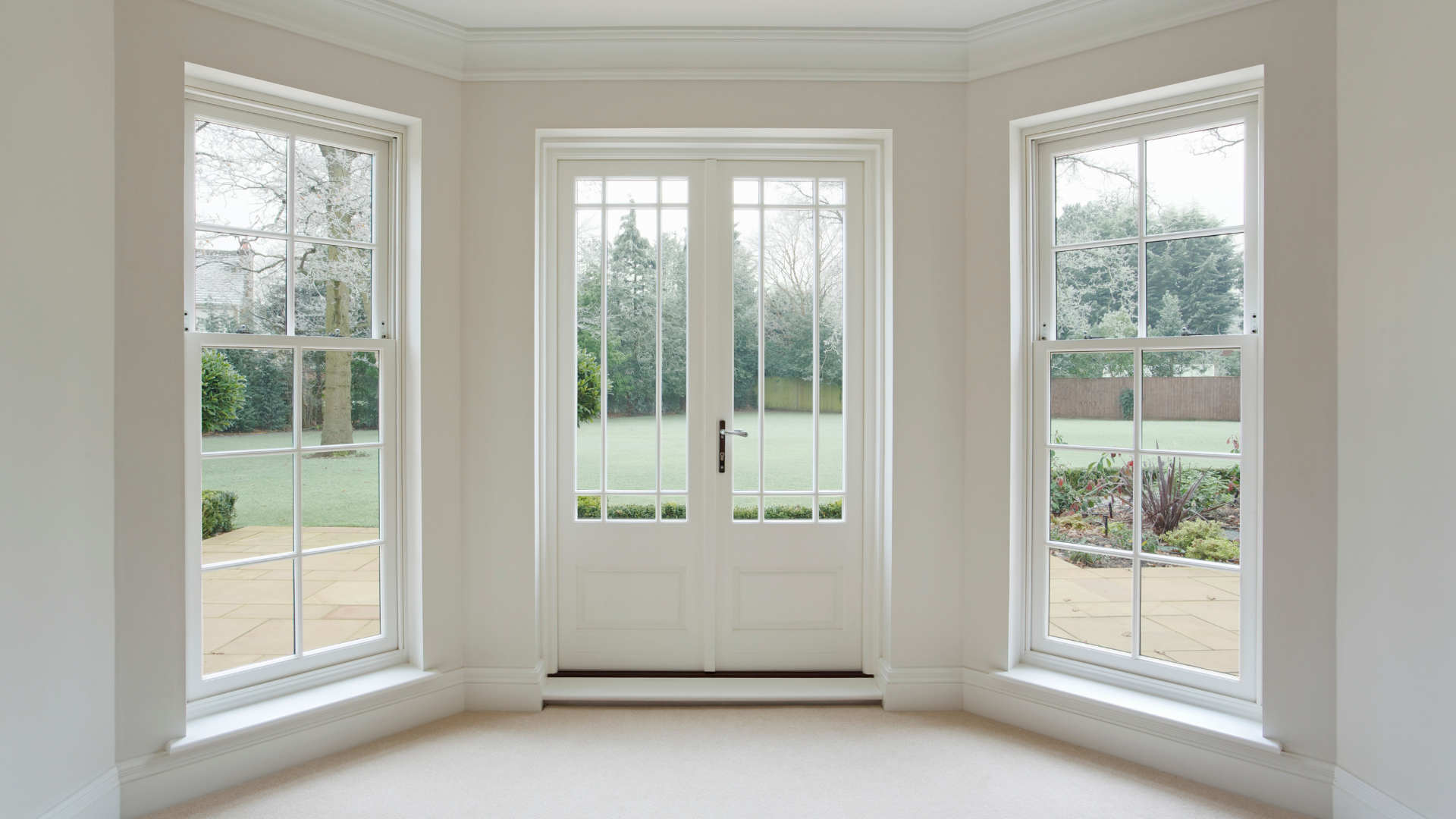 An empty room with a lot of windows and doors
