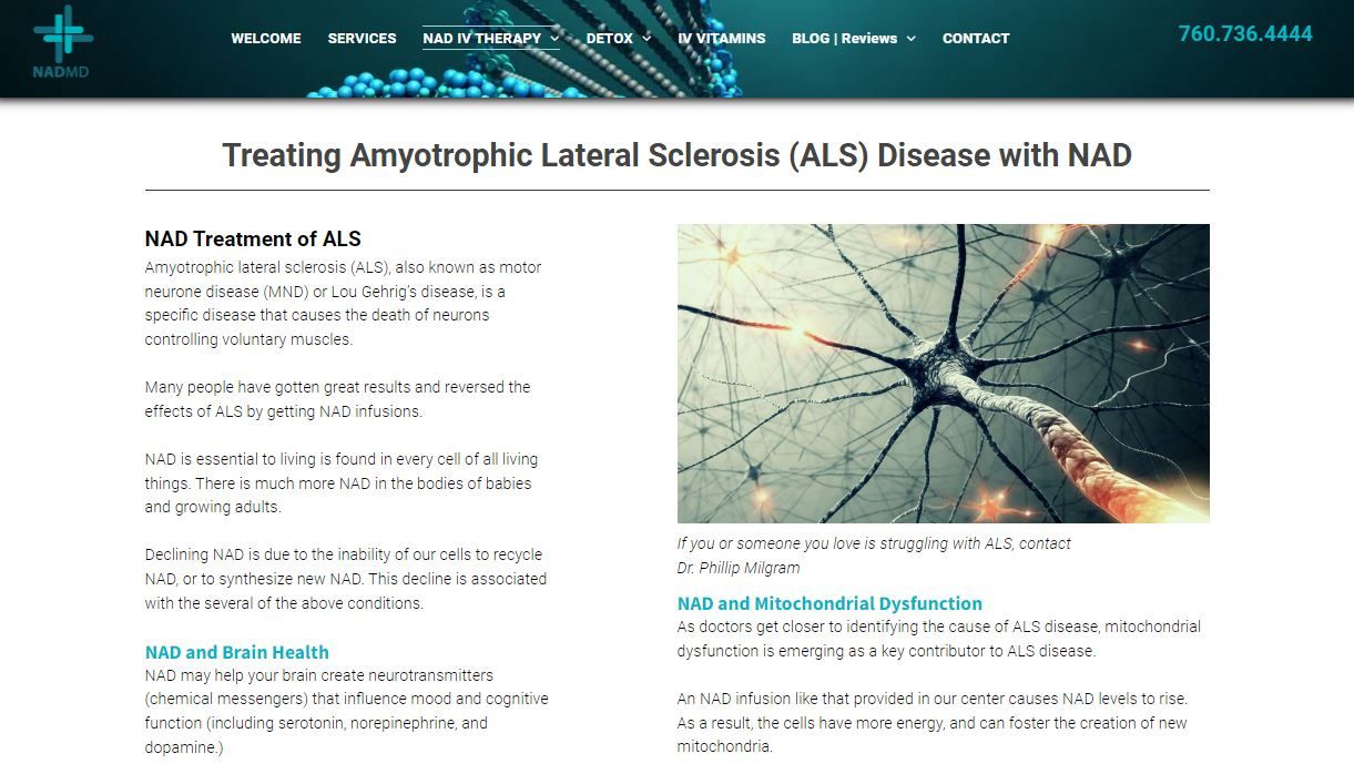 Treating amyotrophic lateral sclerosis (ALS) disease with NAD.