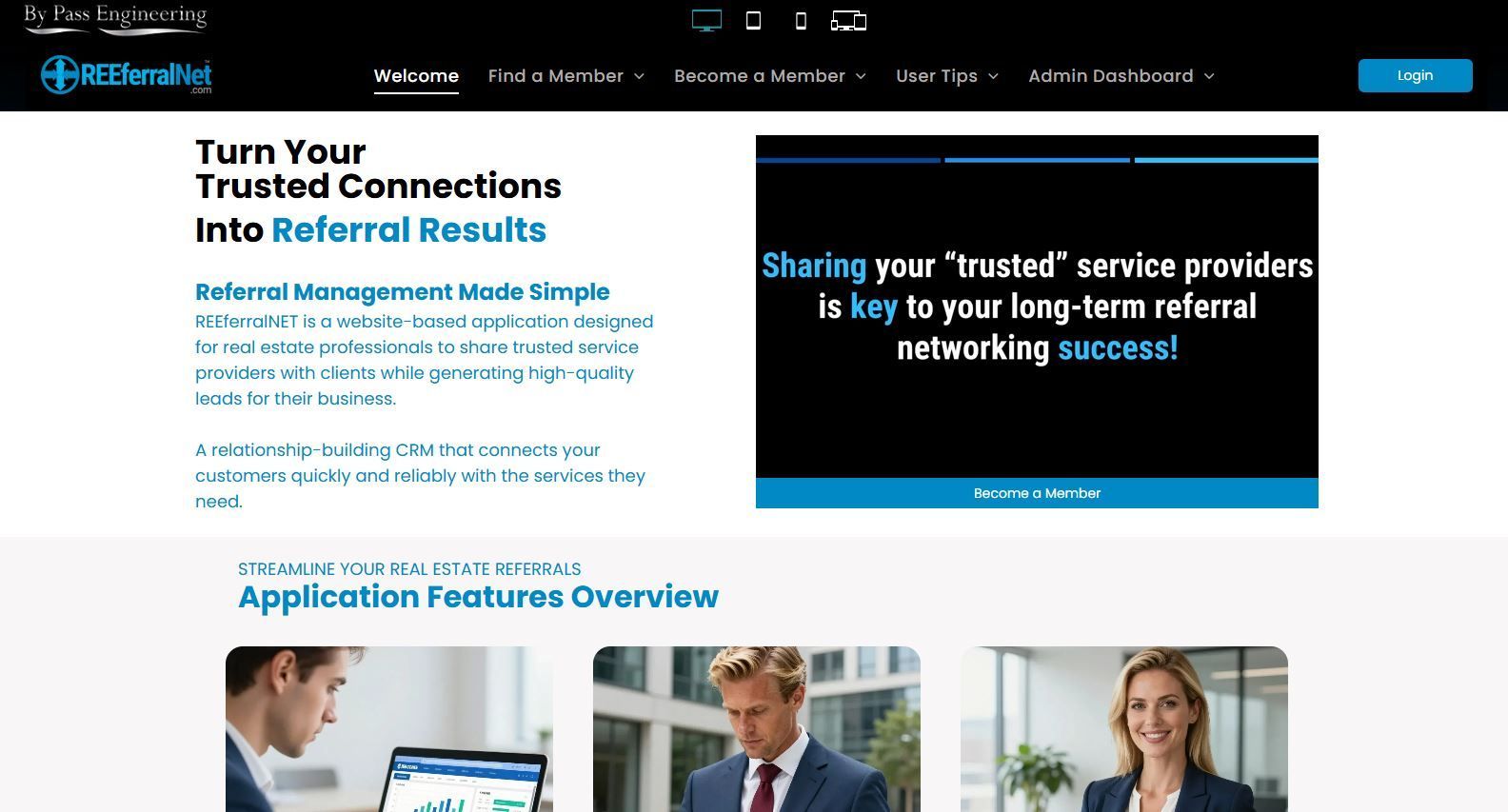 ReferralNet website homepage featuring a heading about turning trusted connections into referral results.