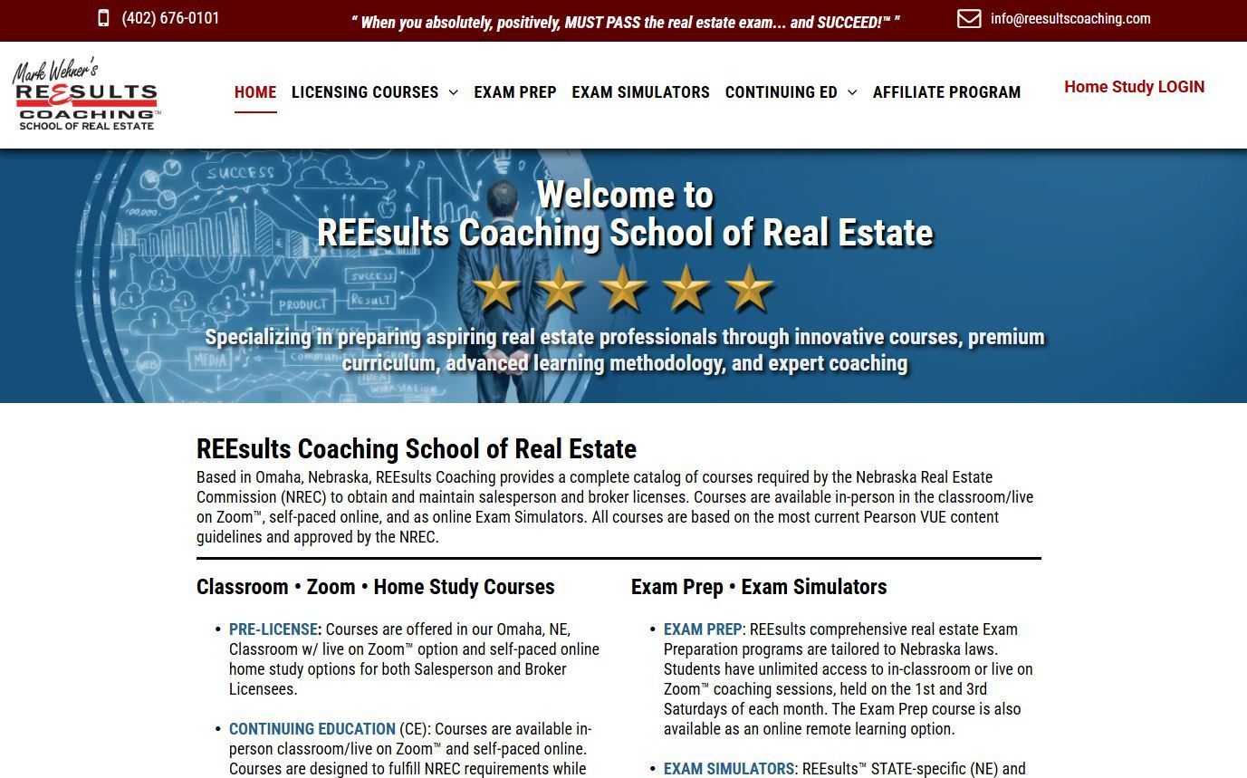 The REEsults Coaching School of Real Estate website homepage showing course information and navigation menus.
