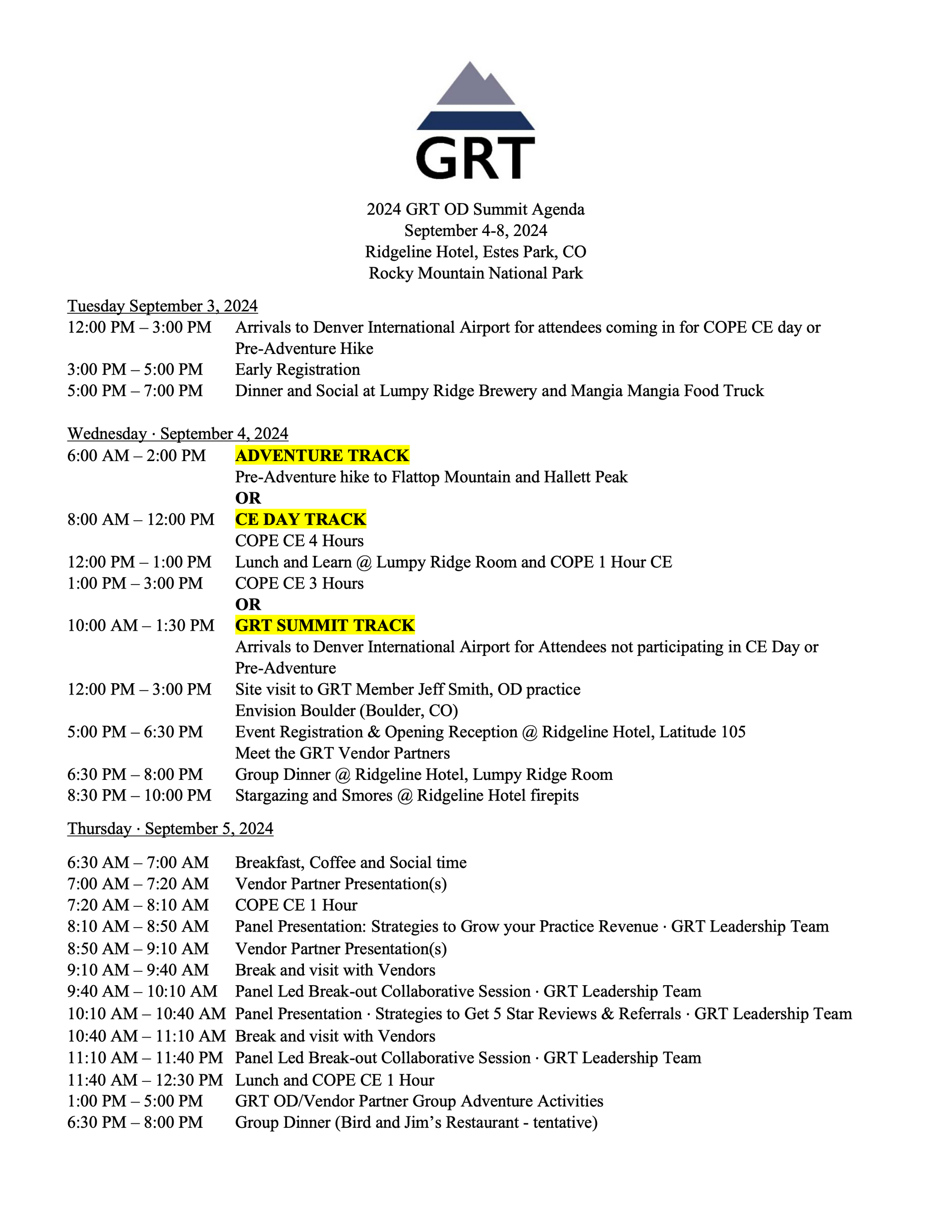 2024 GRT Summit Exclusive Optometry Event Rocky Mountain National Park