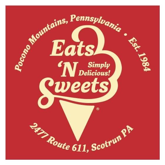 Logo for Eats 'N Sweets ice cream shop in Scotrun, PA, red background, cream text, ice cream cone shape.