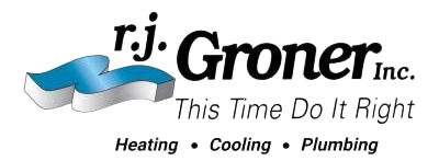 Logo for r.j. Groner Inc., a heating, cooling, and plumbing company. Blue wave graphic with company name and tagline: 