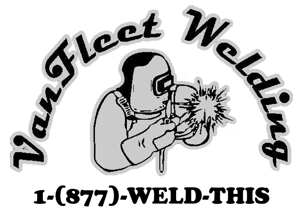 Van Fleet Welding logo: Welder, arched text, phone number.