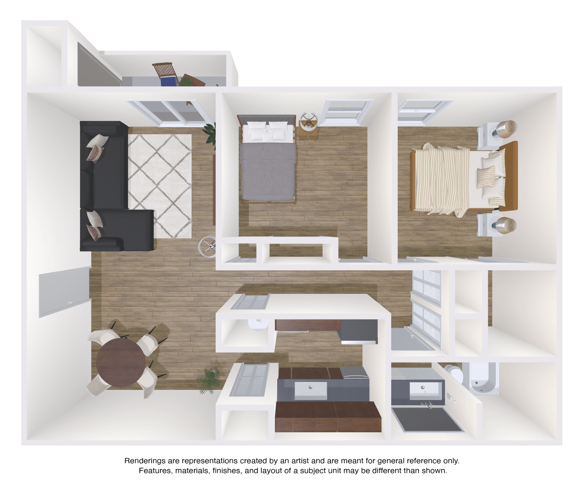 An aerial view of a house with a bedroom , living room , and kitchen.