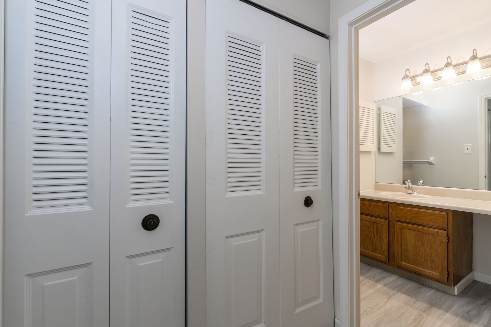 A bathroom with a sink , mirror and closet.