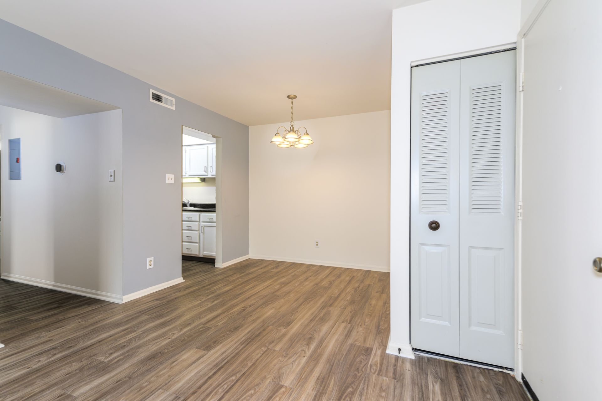 A living room with hardwood floors and a closet.