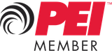 A red and black logo for PEI member on a gray background.