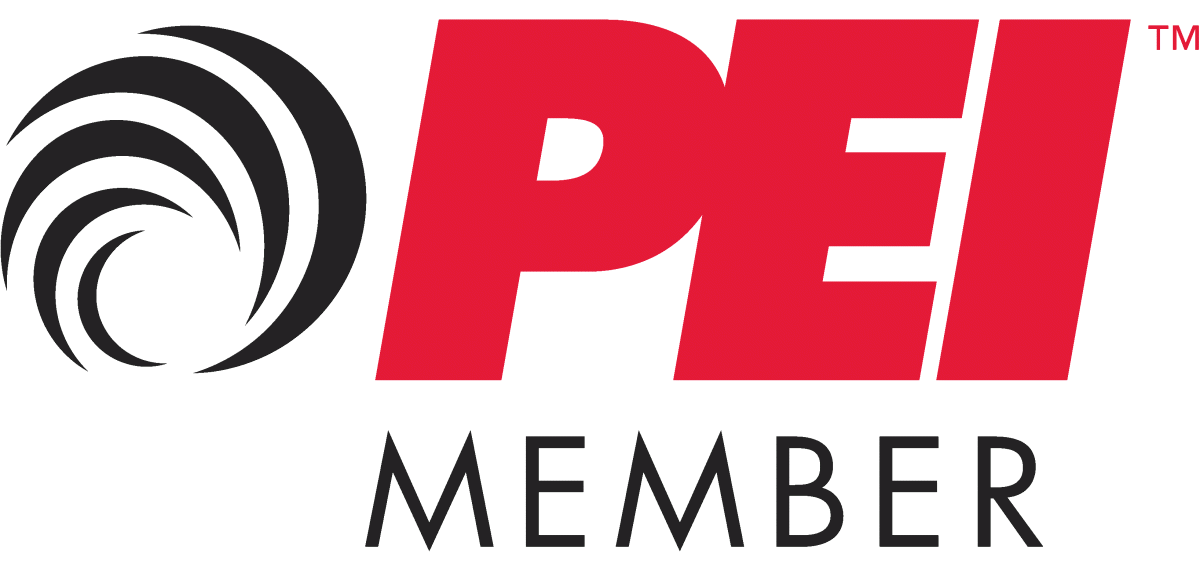 A red and black logo for PEI member on a gray background.