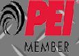 A red and black logo for PEI member on a gray background.