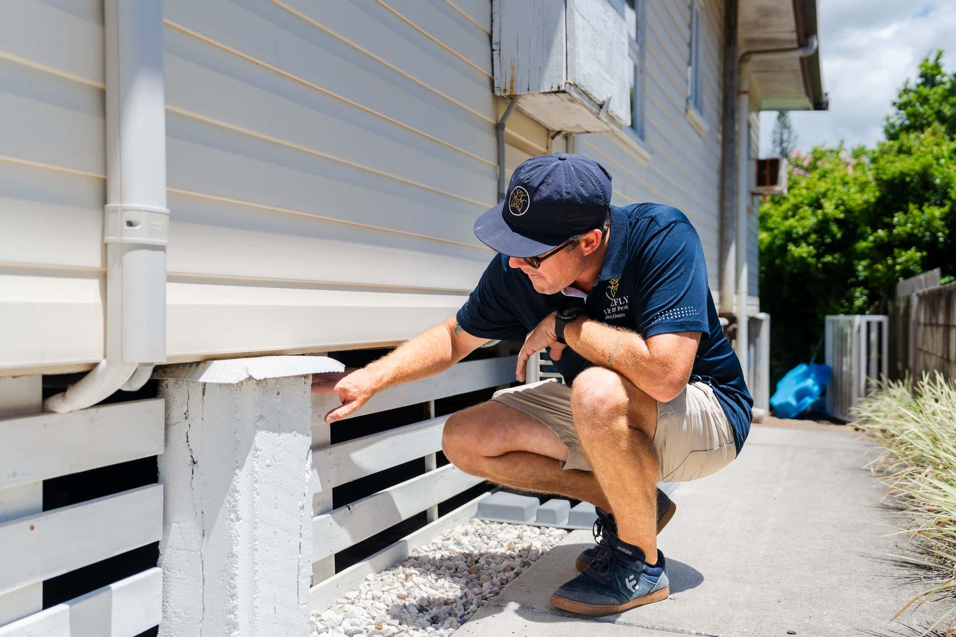 A man is squatting down in front of a house looking at a pillar.