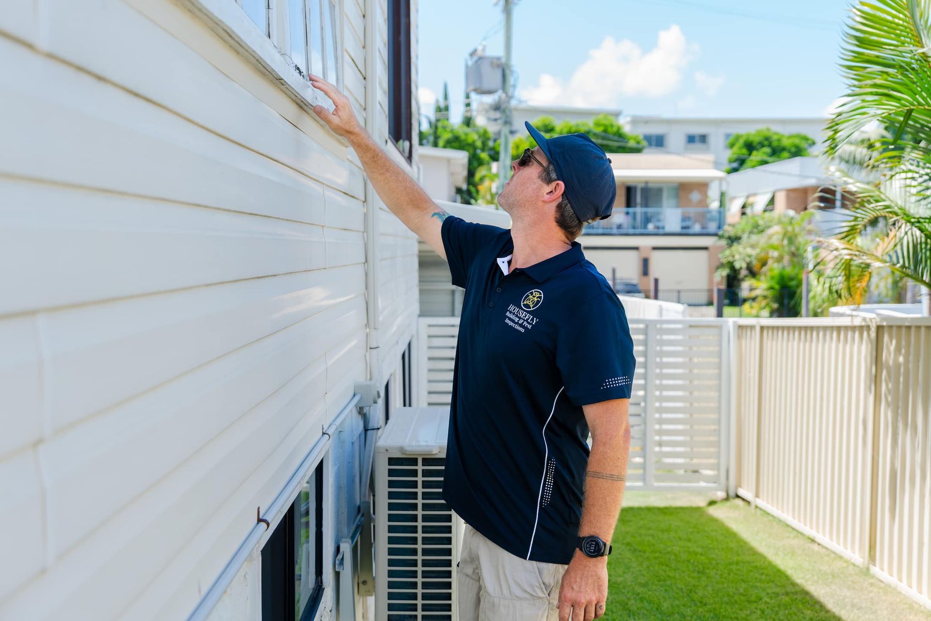A man is standing in front of a white house looking at a window.