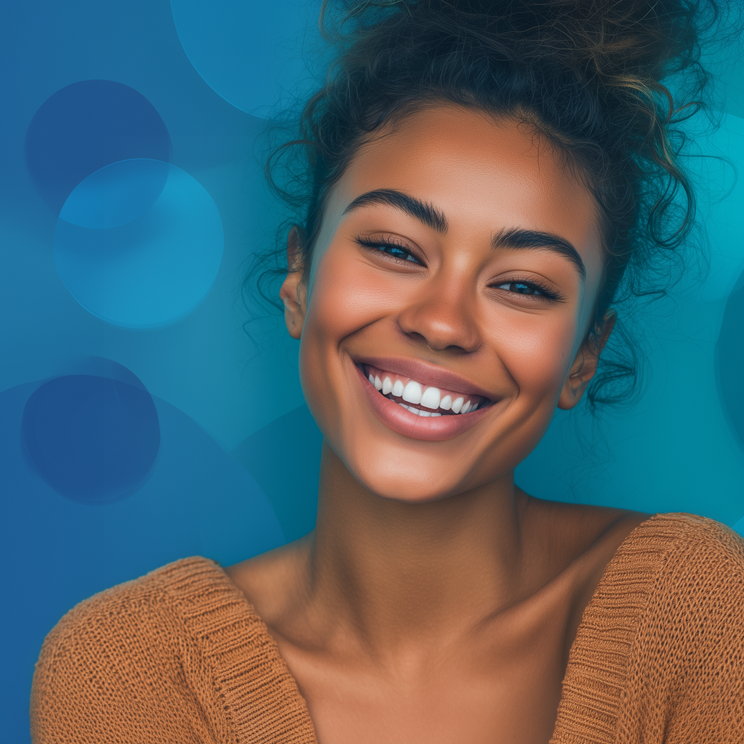 Woman with a wide smile, wearing a brown sweater, against a blue background with bokeh.