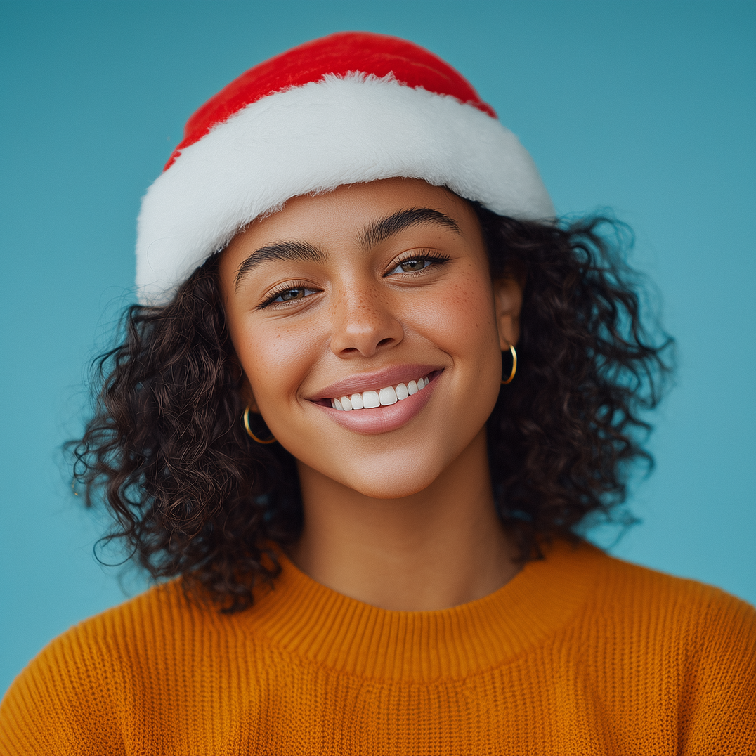 Person wearing a Santa hat and yellow sweater smiles brightly against a blue background.
