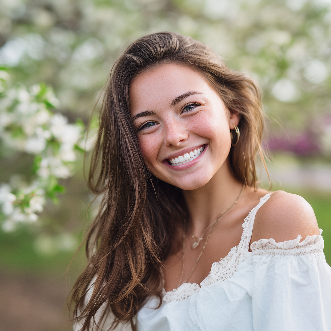 A smiling person with long, wavy brown hair wearing a white off-the-shoulder top in a garden with blooming flowers.