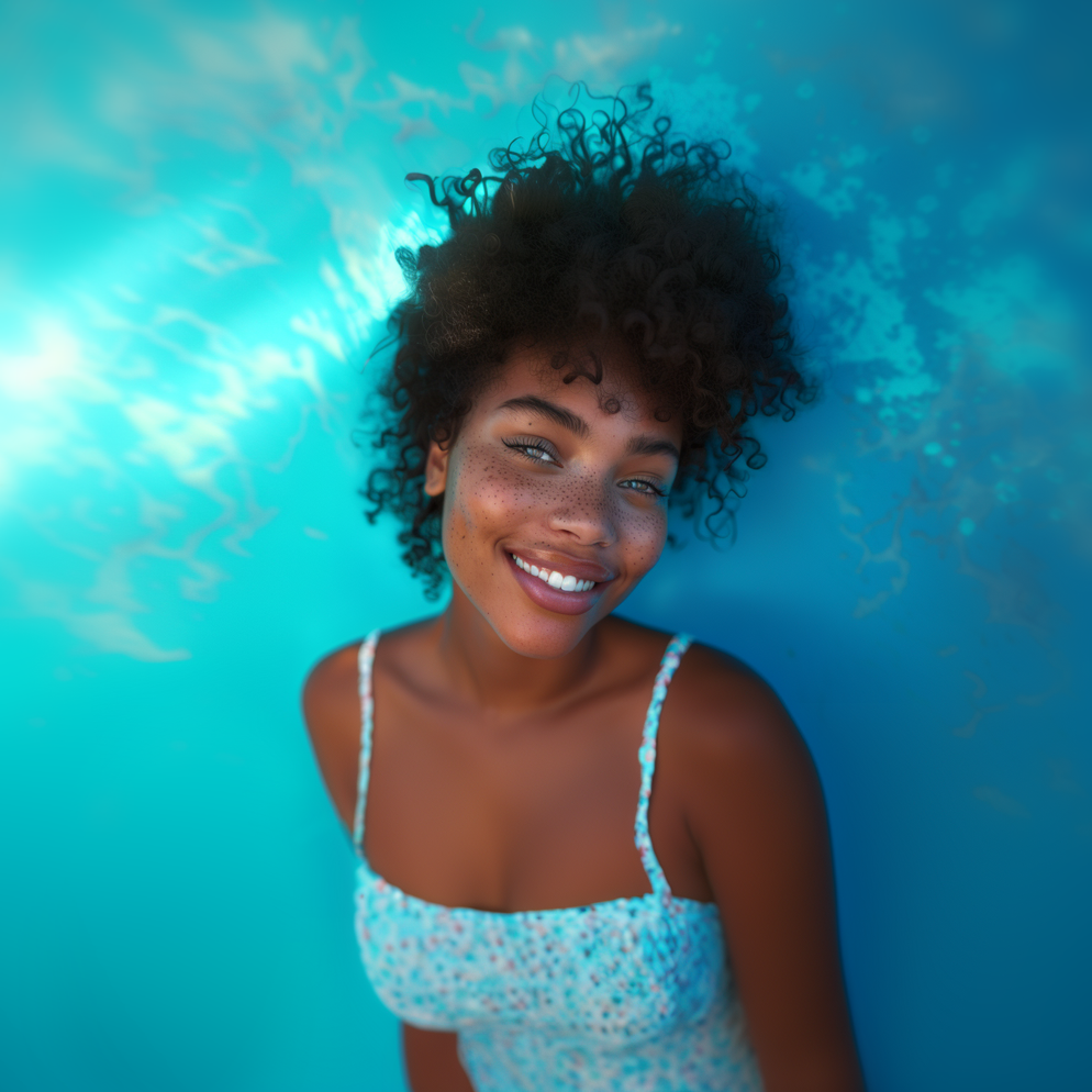 A woman with curly hair is smiling in front of a blue wall.