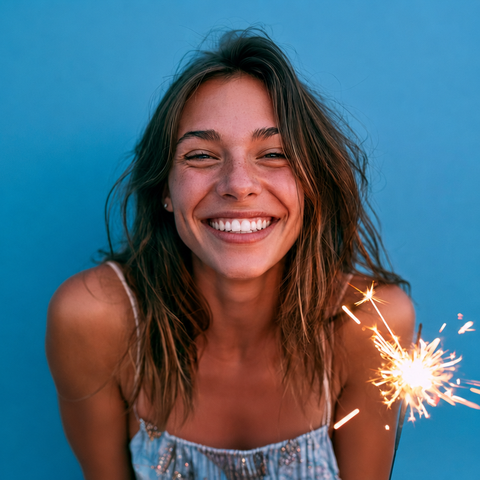 Smiling person holding a lit sparkler against a bright blue background