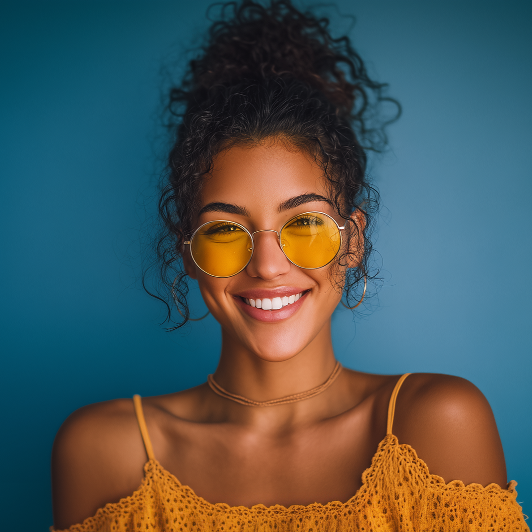 Smiling woman in yellow sunglasses and crocheted top against a blue background