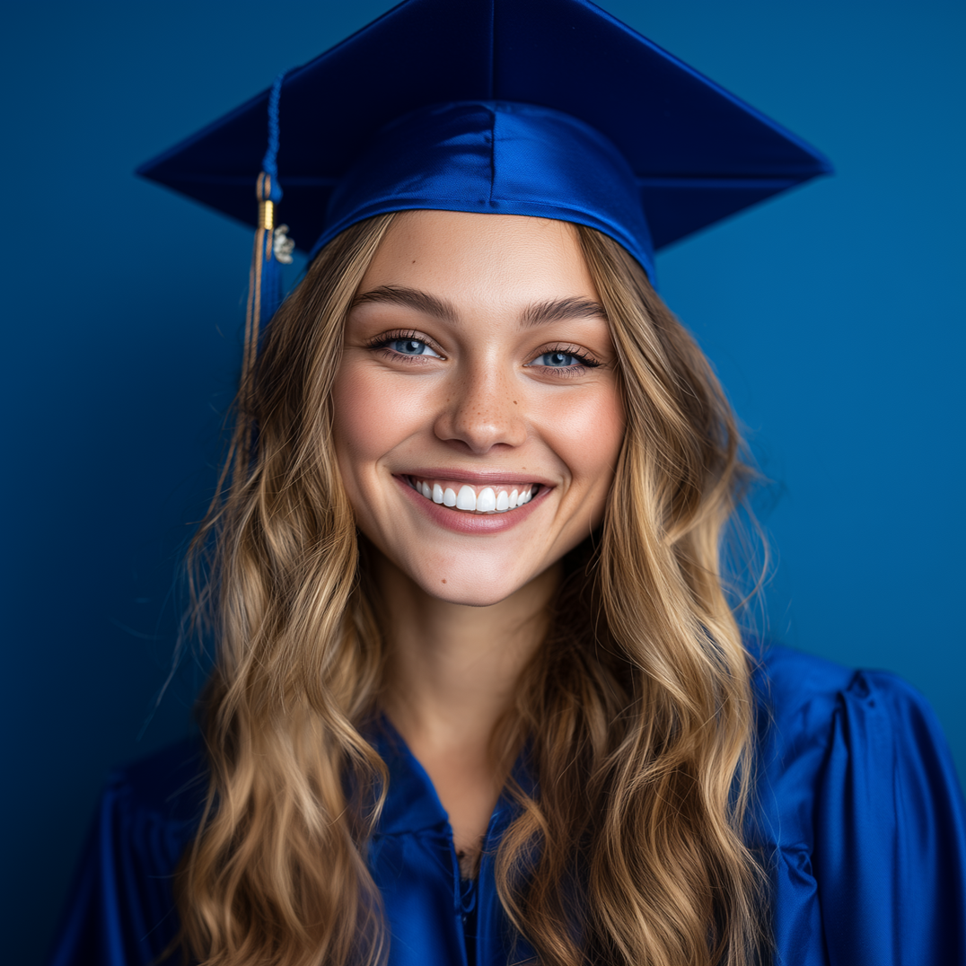 Smiling graduate in a blue cap and gown against a blue background