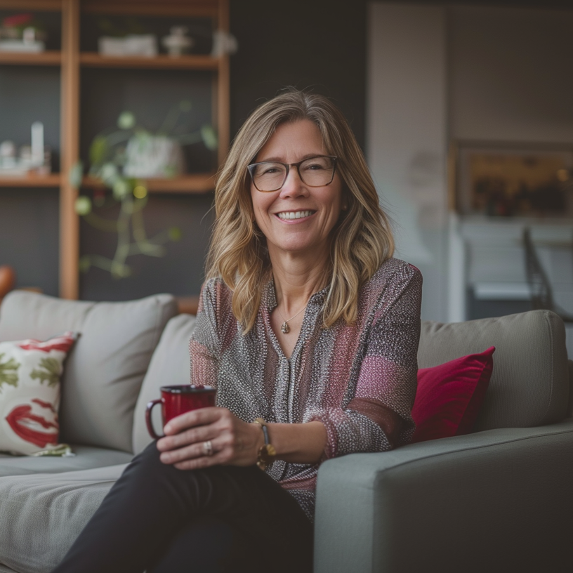 A woman is sitting on a couch holding a cup of coffee