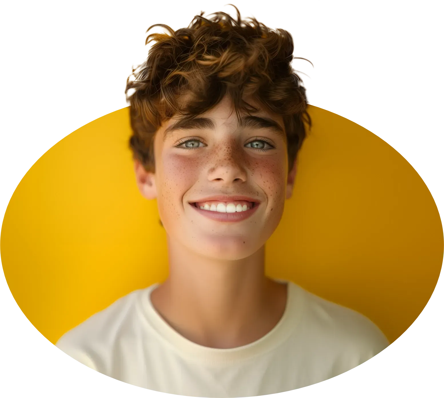 A young boy with curly hair is smiling in front of a yellow background