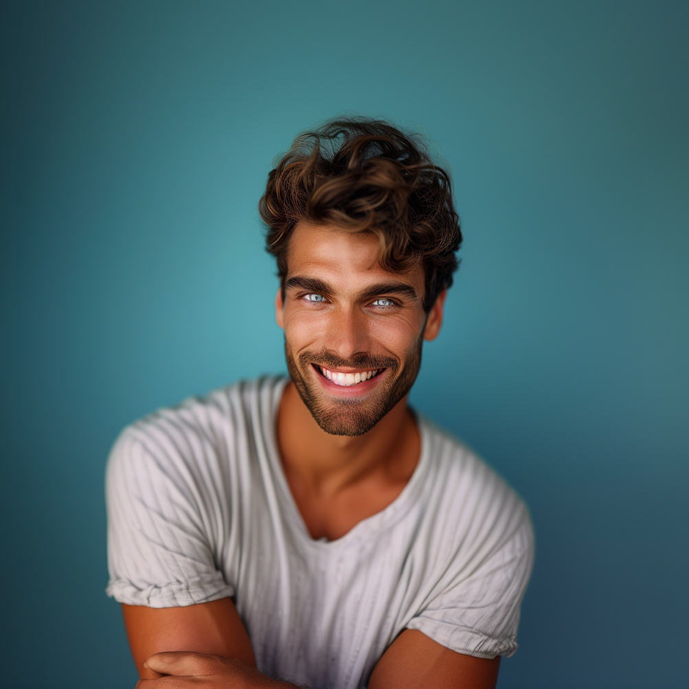 A man with curly hair and a beard is smiling with his arms crossed.