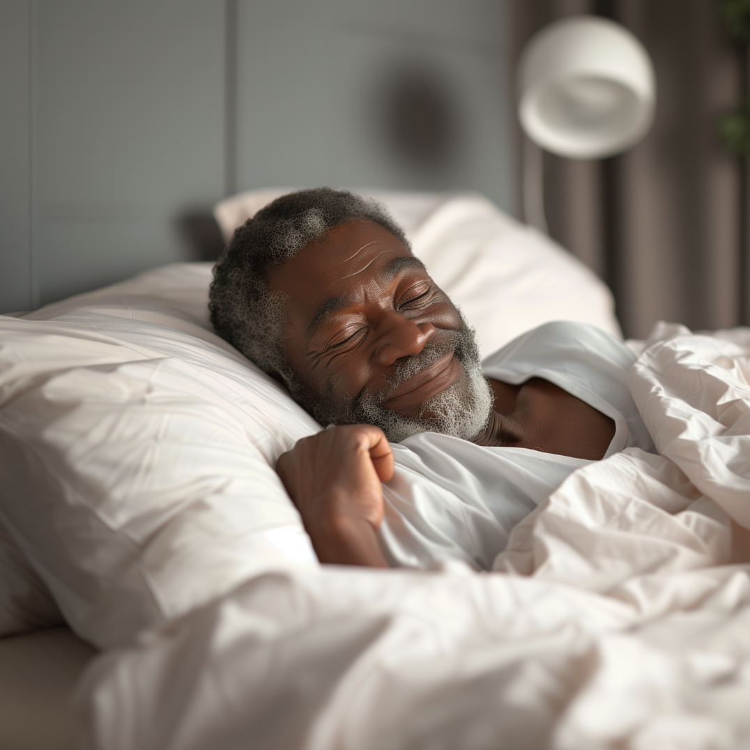 An elderly man is sleeping in a bed with white sheets and pillows.