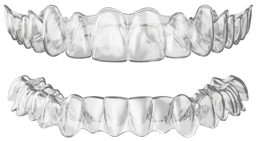 A pair of clear aligners on a white background.